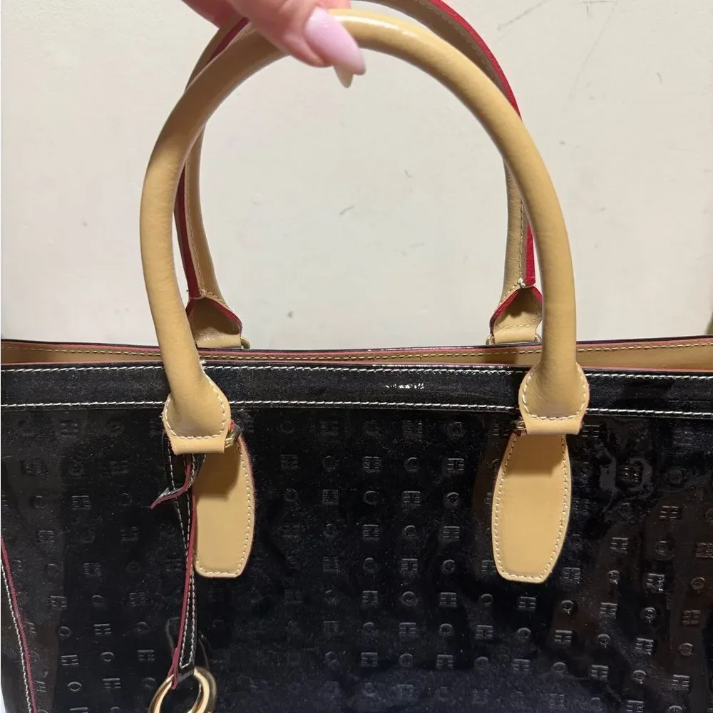 Arcadia Black Patent Leather Crossbody Straps and goldtone tag Black Tote